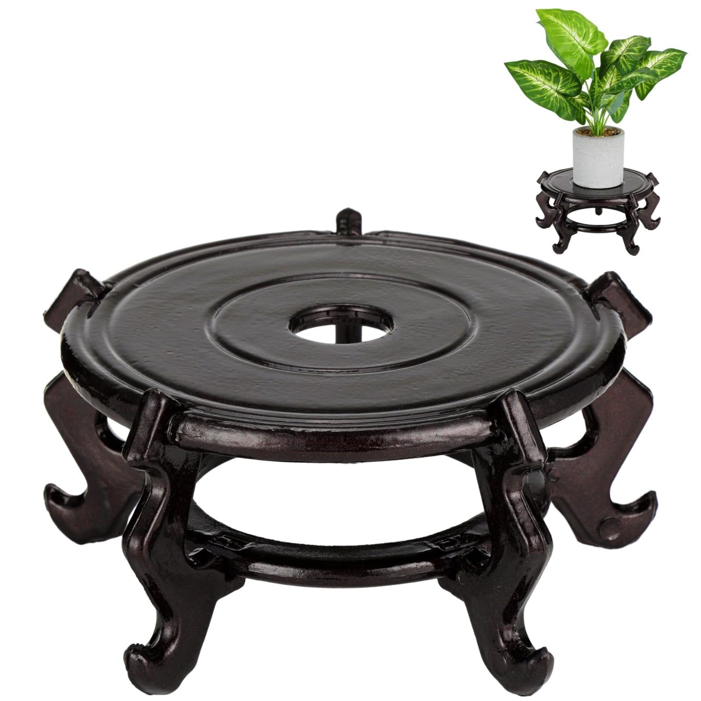 Toyosport 10 in Plastic Plant Stand, Flower Pot Display Base for Indoor Vase, Chinese Fishbowl Planter Pedestal, Round Reddish Brown Finish Furniture Stool for Potted Plants Indoor Outdoor