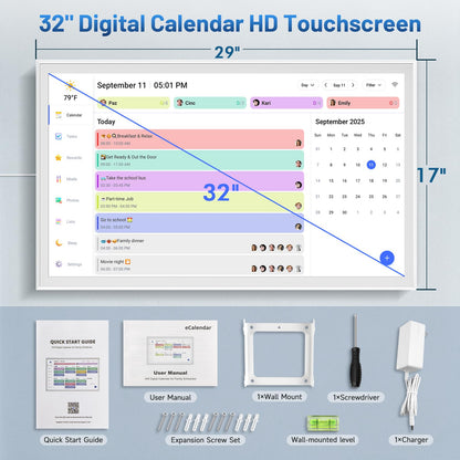 32 Inch Digital Calendar, Electronic Chore Chart, Smart Weekly and Monthly Planner 1920 * 1080P IPS Touchscreen Wall Calendar Rewards for Family Schedules, Meal Planning Gift