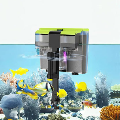 Aquarium Filter- 4 in 1 Double Waterfall U-V Fish Tank Filter for Green Water & Algae Clean, 8W Quiet Hang on Filter Adjustable Flow (UV Filter)