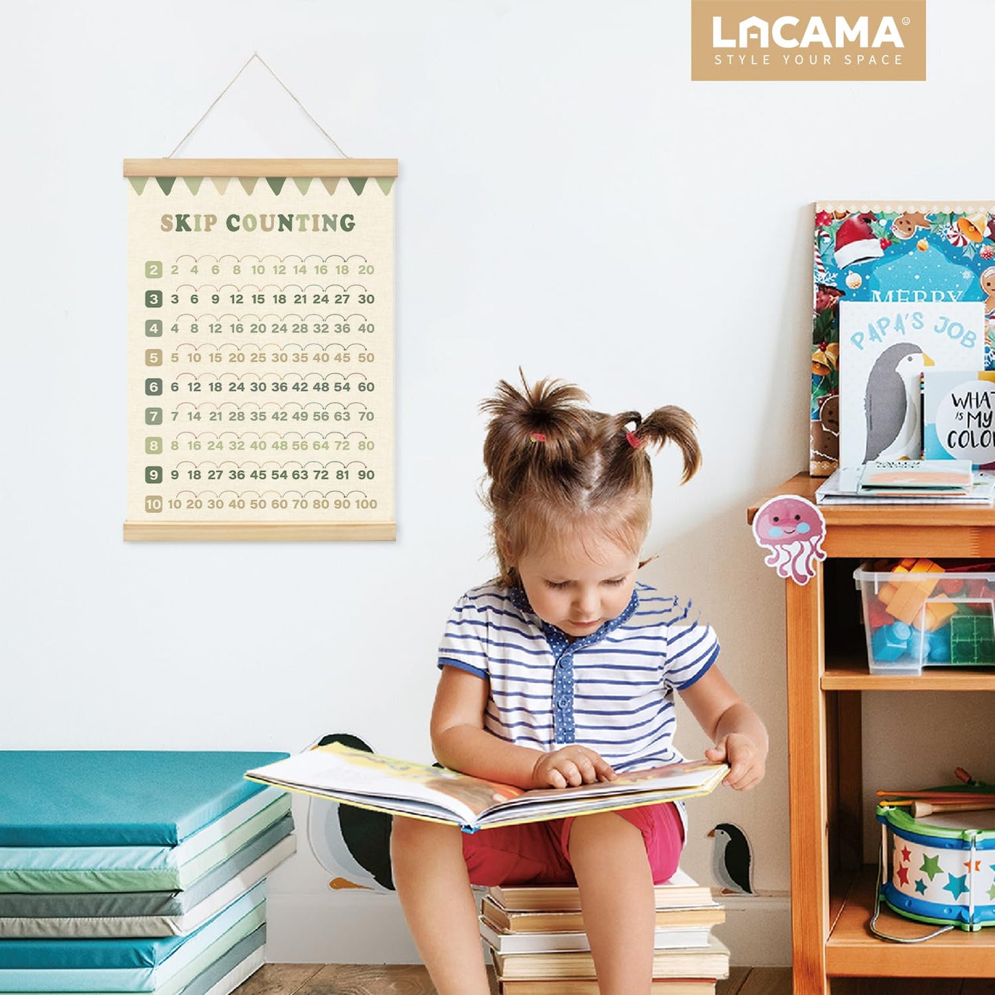 Lacama Multiplication Chart Homeschool Organization Math Posters, Sage Green Skip Counting Chart Educational Math Wooden Poster Hanger, Times Table Charts For Homeschool Grade School Classroom Posters Wood Hanger
