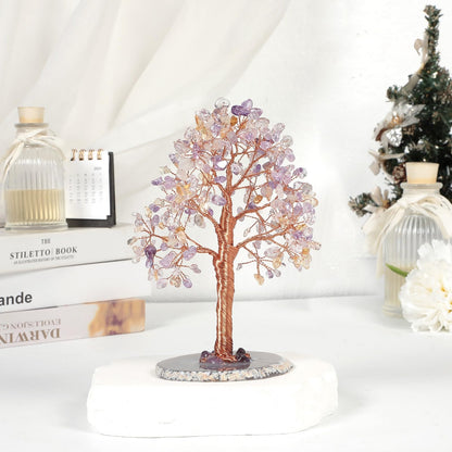dssmboom Healing Crystal Money Tree with Natural Agate Slice Base for Chakra Balancing, Decorative Feng Shui Stone Bonsai Crystal Tree for Wealth and Good Luck, Amethyst & Citrine