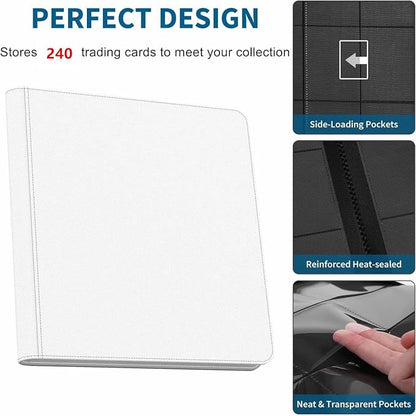Trading Card Binder 4 Pocket, 240 Pockets Ringless PU Cover Card Collection Binder, Double Sided Card Binder Collector Album, Card Folder for MTG, TCG, Sports Cards, Game Card (White, 4Pockets)