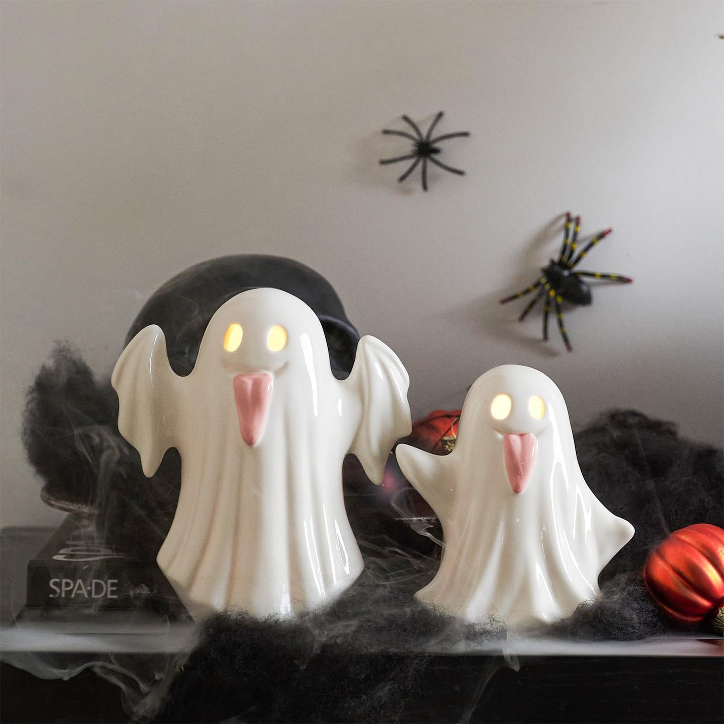 WDS WONDROUS Light Up Halloween Ghost Decorations Set of 2, Cute Ghost Figurines with Witch Hat Halloween Decor, Ceramic Ghosts Light for Indoor Fall Table Decor, Home Tiered Tray Fireplace