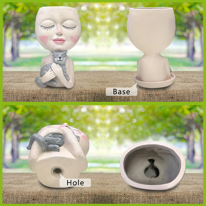 ASDFG Head Planter with Drainage Hole, Resin Art Vase, Cute Lady Hugging Cat Succulent Flower Pots, Unique for Indoor Outdoor Decor, 7.28in