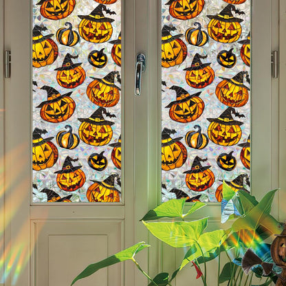 Bloss Halloween Window Clings,Stained Glass Windows Film,Pumpkin Glass Fall Windows Clings, 3D Decorative Privacy Films,Cute Halloween/Thanksgiving Window Stickers for Home Decor, 17x39.4Inch