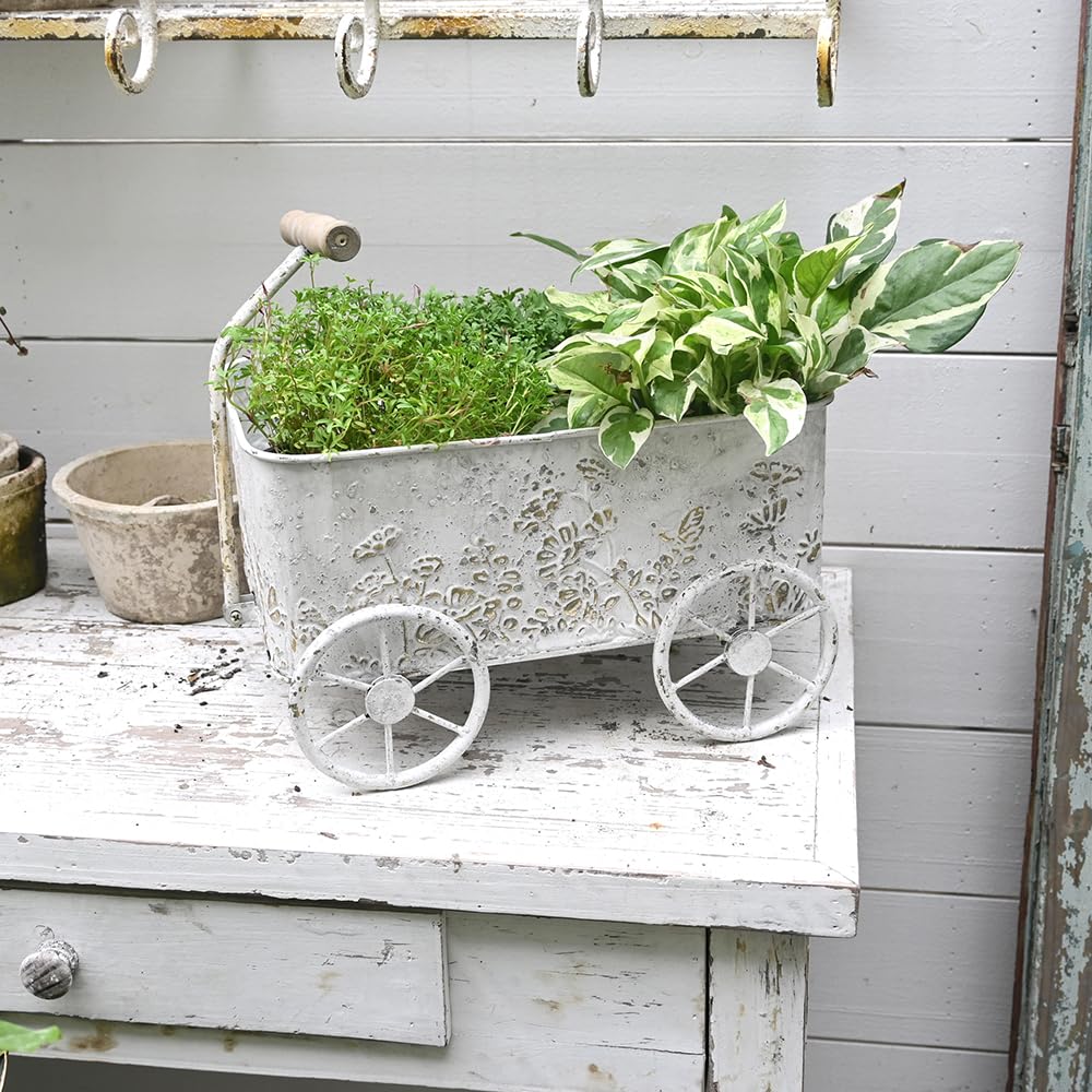 Zokyntrix Flower Cart with Wooden Handles, Metal Wagon Planters for Outdoor Plants, Garden Planter with Wagon Wheels, Decorative Wheelbarrow, Plant Cart for Patio Garden Balcony (White)
