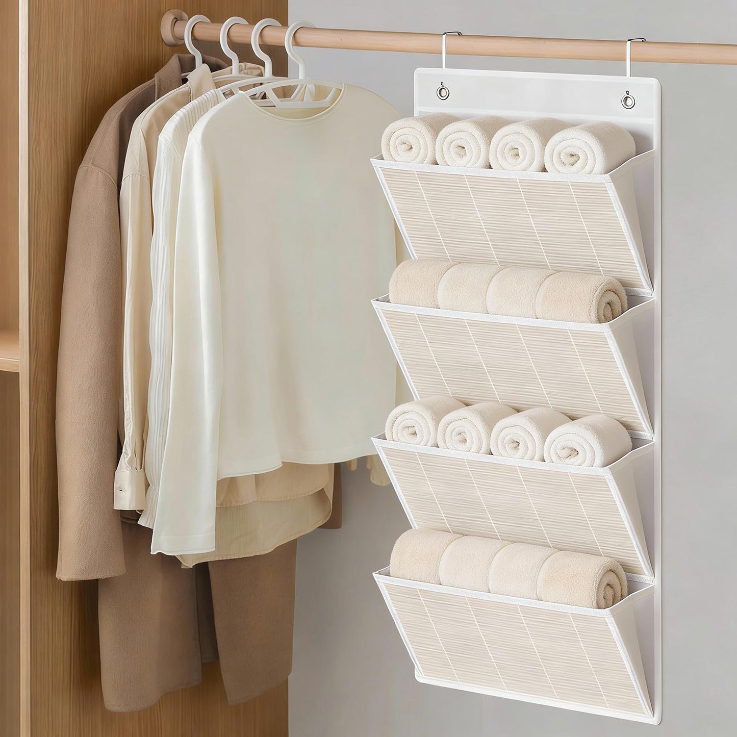 homyfort hanging wall file organizer, Over the door file folder organizer with 4 Large Bamboo Pockets, Suitable for Home, Office, Back to School Supplies Storage and Organization (White)