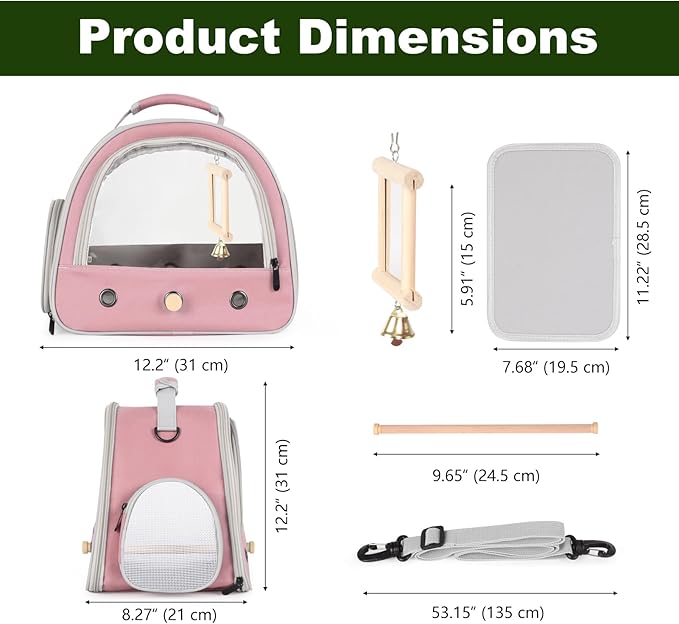 Parrot Travel Cage with Bird Cage Bells Mirror Set,Portable Small Bird Parakeet Bag with Standing Perch and Comfy Mat Bird Carry Transport Bag with Clear Window Vet Visit Shopping