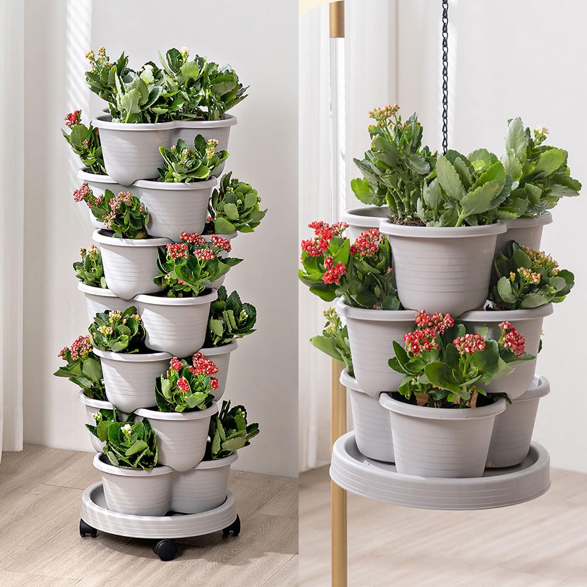 Birheatry Vertical Strawberry Planter 3 Tier Hanging Vertical Gardening Stackable Planter, Hanging Strawberry Planter Pot for Strawberries, Flowers, Herbs, Vegetables with Removable Wheels and Hooks