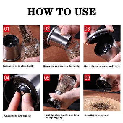 Salt and Pepper Grinder Set, 2-Piece Set, Stainless Steel Material, Adjustable Granularity, Sea Salt Grinder and Pepper Grinder Can Be Refilled, With Stand and Cleaning Brush