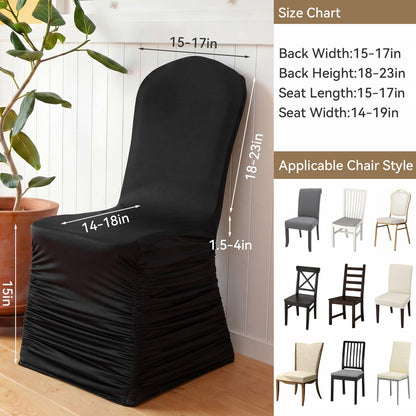 Fanfanwin 4 Pcs Black Chair Covers Ruched Swag Back Stretch Spandex Fitted Banquet Chair Covers with Foot Pockets for Wedding & Event Decor