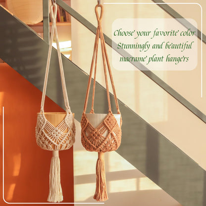 XINBOR Hanging Planter with Patterns,2Packs Macrame Plant Hangers Indoor Macrame for up to 8 inch Pot Crochet Boho Plant Hanger Holder for Indoor Outdoor with 2S Shaped Stainless Steel Hooks (White)