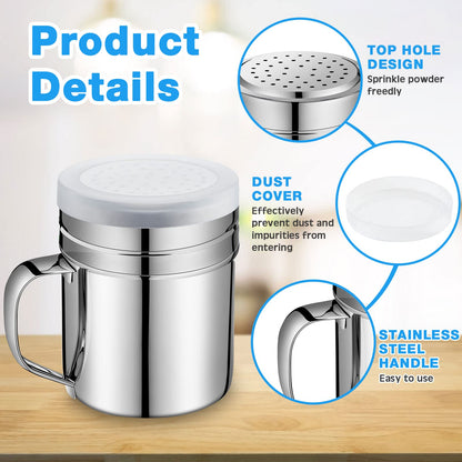 Lallisa 6 Pcs 10oz Stainless Steel Salt and Pepper Shakers with Lid and Handle Dredge Spice Seasoning Condiment Popcorn Salt Shaker Powder Sugar Flour for Cooking Kitchen Baking