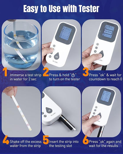 Pawfly 100 Pcs Aquarium Test Strips 6 in 1 Digital Water Testing Kit, Fish Tank Testing Strips for pH Nitrate Nitrite Chlorine Total Hardness & Carbonate, Fresh/Salt Aquarium Water Test Kit