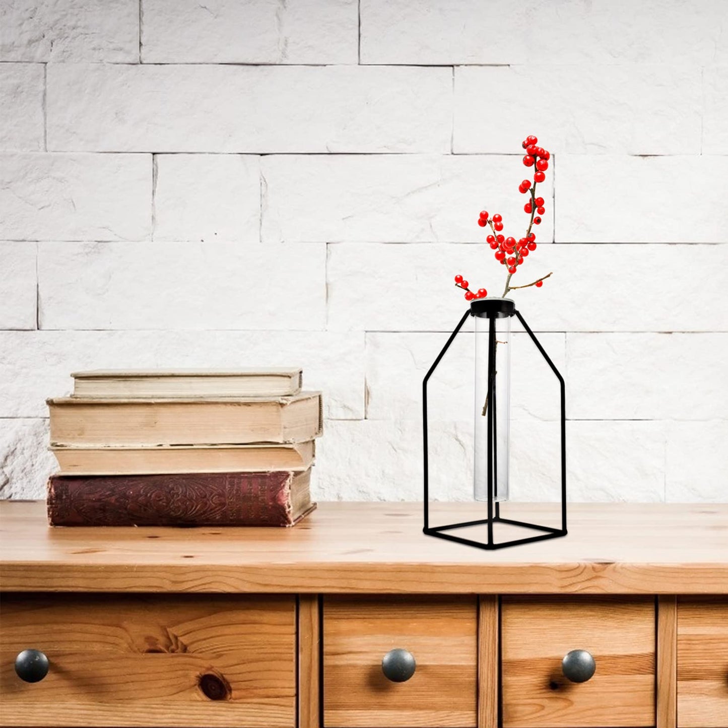 ULTNICE Hydroponic Glass Vase with Wrought Iron Frame 9.44X3.93X3.54In Office Plant Decor Modern Minimalist Planter Terrarium Container
