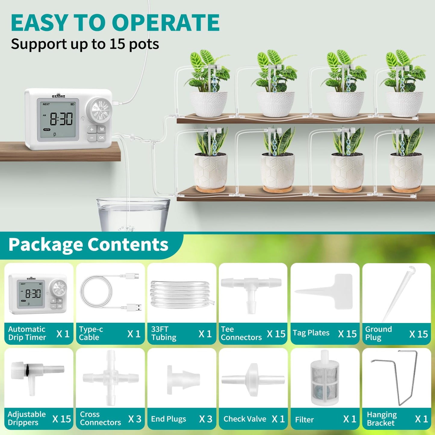 Automatic Watering System for 15 Potted Plants, Automatic DripIrrigation Kit with Adjustable Water Flow, Programmable Water Timer with Dual Power Supply, for Balcony/Garden/Greenhouse Plants