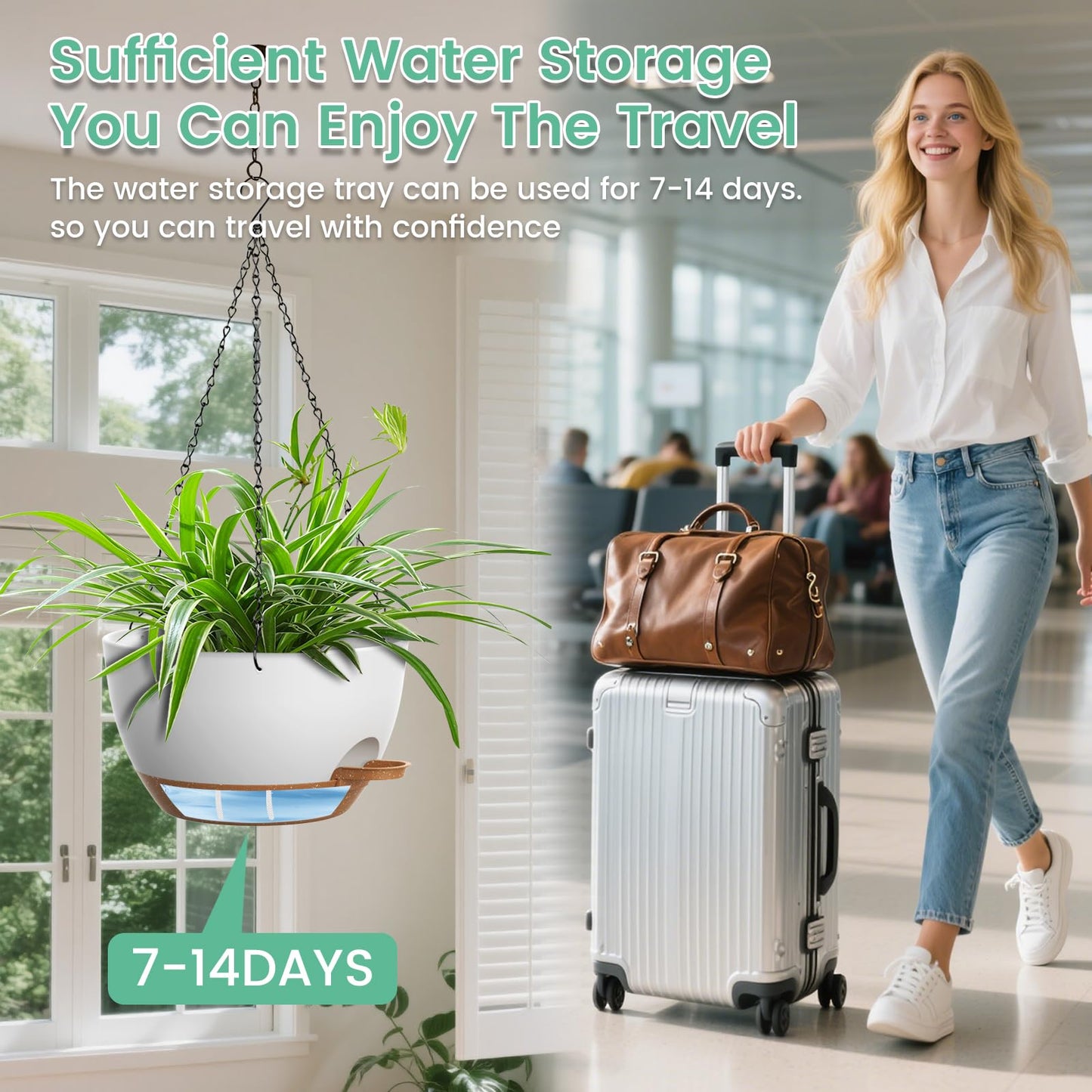 UOUZ Set of 3-10 Inch Self Watering Hanging Planters for Indoor Outdoor，Hanging Plant Pots with Drainage & Removable Tray, Hanging Pots Holder for Pothos Plant, Ferns, Balcony & Patio,White with Brown