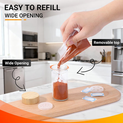 Segarty 3oz Round Spice Containers with Bamboo Shaker Lids, 3 PCS 90ml Spices Jars, Empty Glass Seasonings Organizers for Condiment Herb Storage, Small Salt and Pepper Shakers with 7 Stickers, 1 Brush