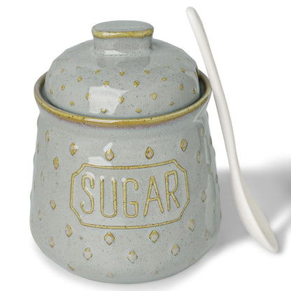 QUXIJA Ceramic Sugar Bowl with Lid and Spoon 10oz, Sugar Container (Vintage Grey)
