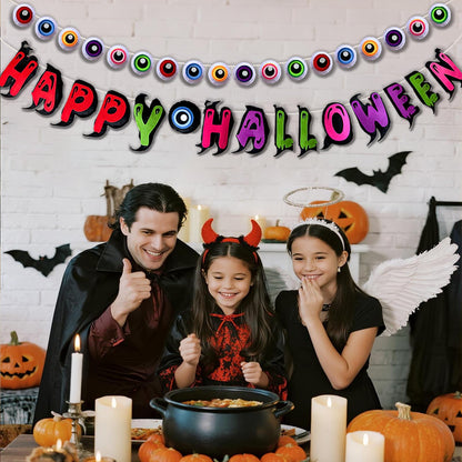 Pre-Strung Happy Halloween Banner, 9.8FT Felt Garland with 3D Eyeballs for Halloween Decorations, 2Pcs Indoor Banner for Mantle Indoor Fireplace Window Wall Home Party Decor