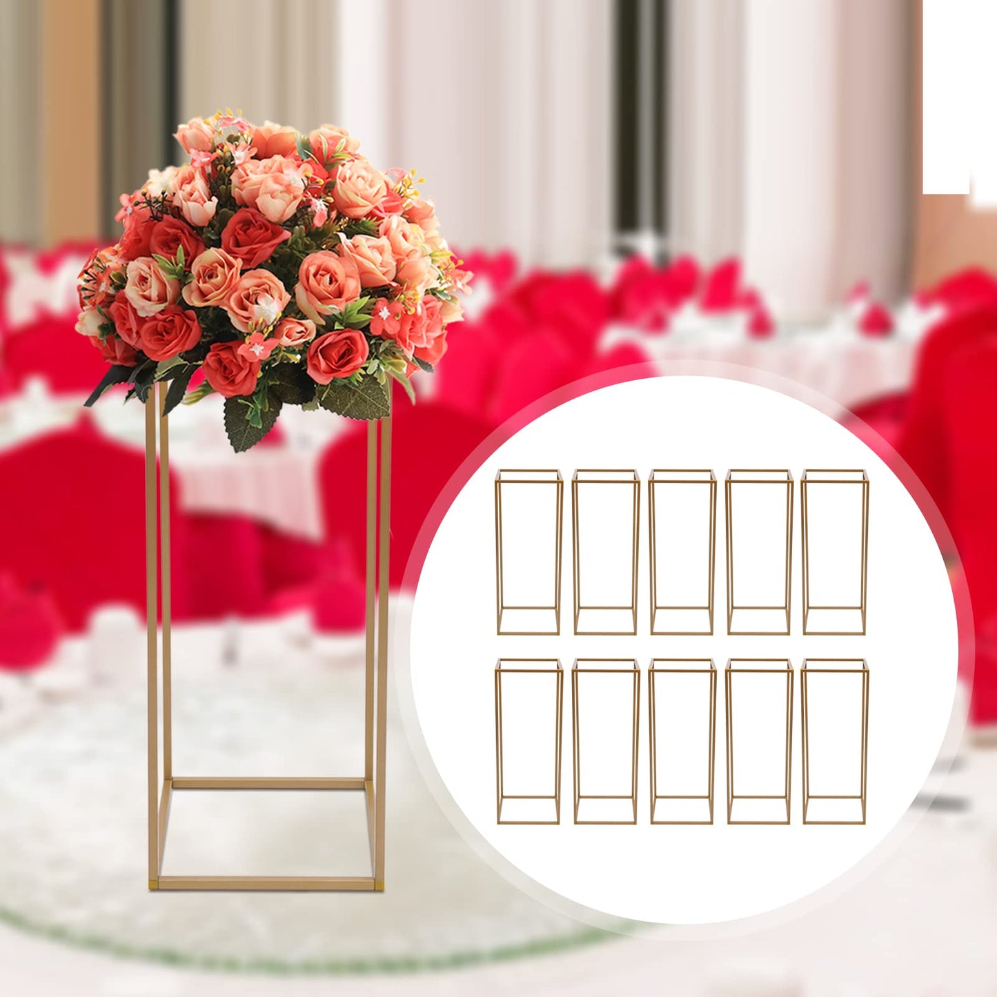 10 Pieces Gold Flower Stand for Wedding,31.4 Inch Rectangular Floral Rack Wedding Centerpieces Stand Flower Column for Tables Tall Floor Standing Vases for Party Home Decor
