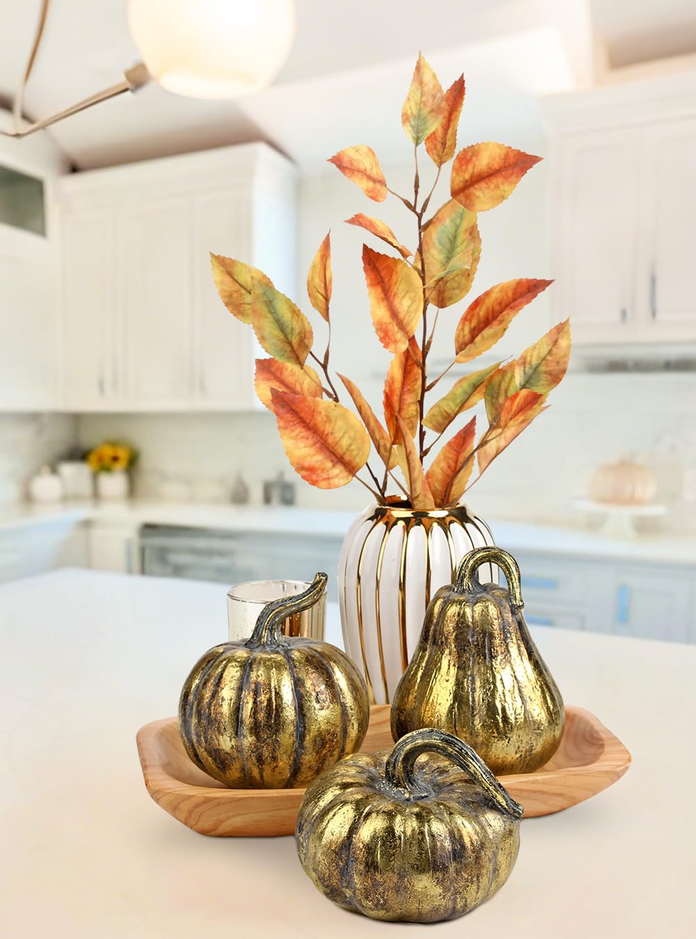 Hollyone Fall Pumpkin Decor 3 PCS Gold Resin Pumpkin Figurines Fake Pumpkins for Decorating Faux Pumpkins Fall Decorations Rustic Farmhouse Home Centerpiece for Thanksgiving Harvest Halloween Autumn