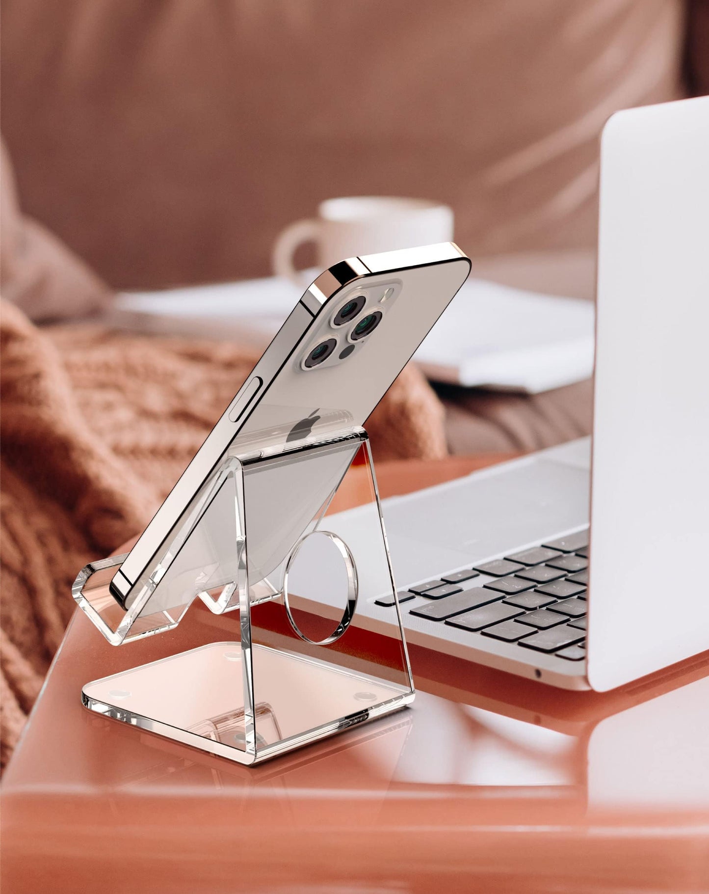 TOPGO Acrylic Cell Phone Stand, Clear Phone Holder for Office Desk, Vanity, Kitchen, Bedside Table, Compatible with iPhone 17/Smartphones/iPad/Switch/Kindle, Office Desk Accessories