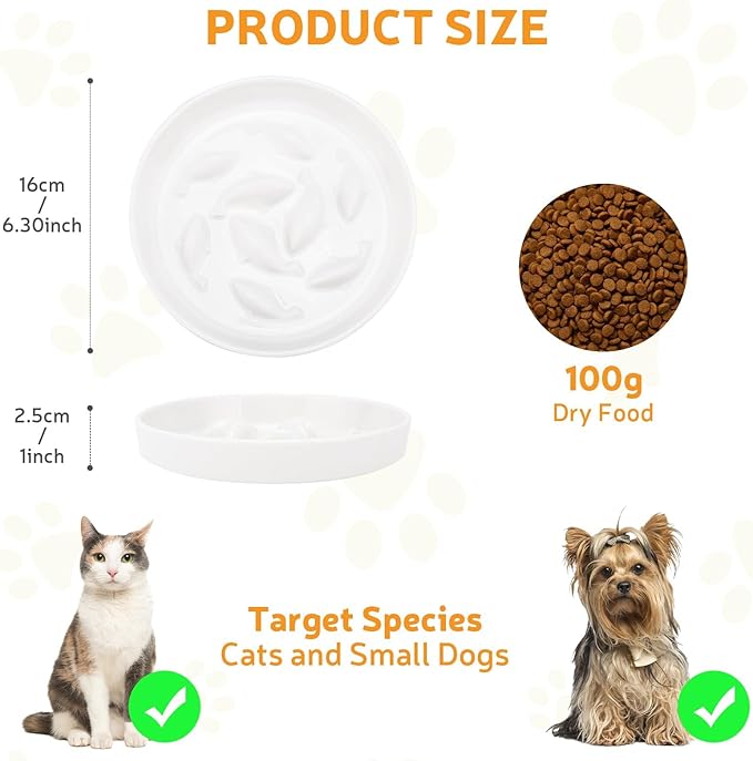 Ceramic Slow Feeder Cat Bowl 6.3" Wide (White) | Anti-Gulping & Keep Fit, Dishwasher Safe, For Dry and Wet Food, For Cats and Small Dogs, Shallow Bottom Puzzle Feeder
