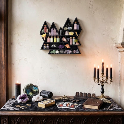 FNYDOX Mountain Crystal Shelf Display for Wall, Wooden Triangle Rock Gem Stone Storage Holder, Meditation Room Decor Spiritual Gift, Wall Hanging Organizer for Trinkets, Knick Knacks, Art Collections