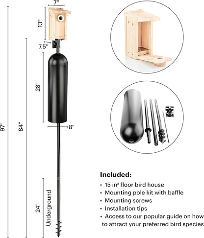 WHITEHORSE Bird House with Pole and 28" Baffle - A Bluebird House Built to NABS Specs - Nestbox for Various Songbird Species - Bluebird Box House - Weatherproof Bird Houses for Outdoors (15” Floor)