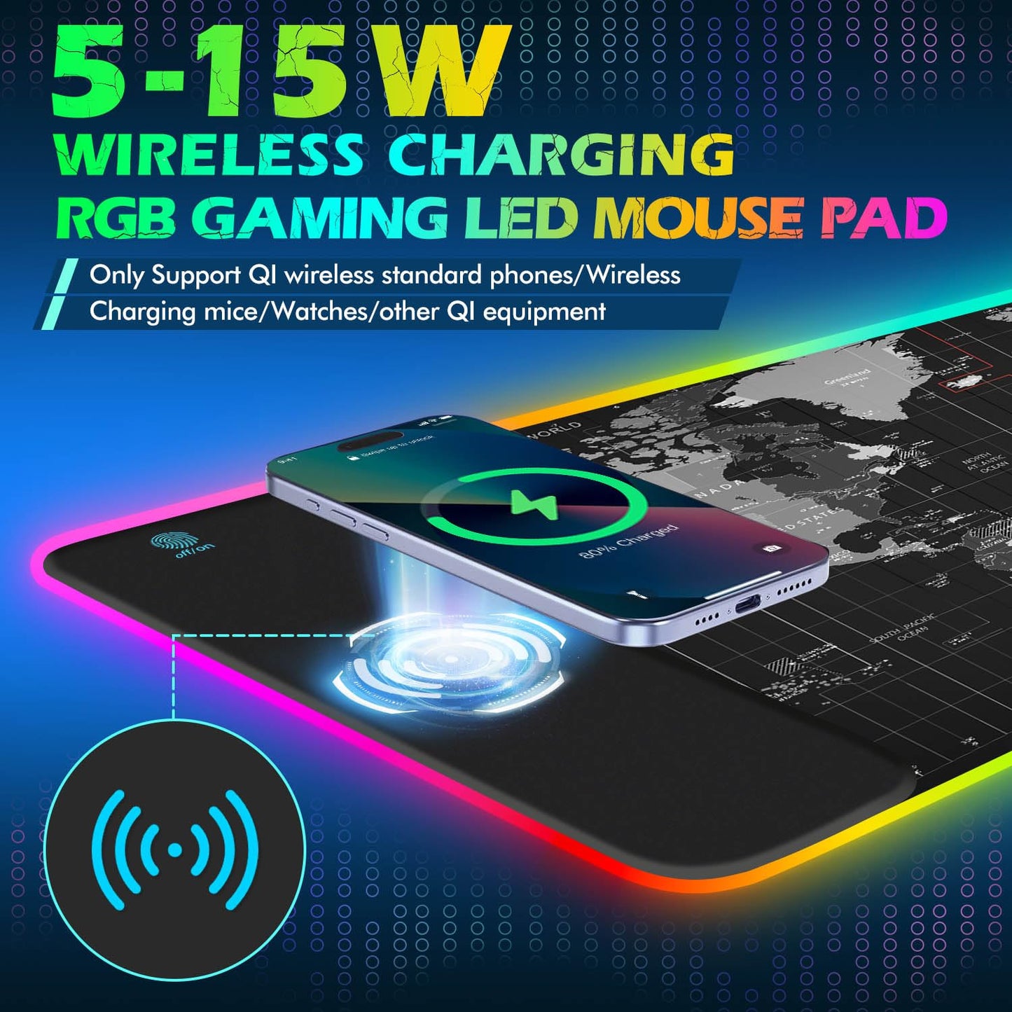 ToLuLu RGB Gaming Wireless Charging Mouse Pad, 5/7.5/10/15W 10 Light Modes LED Mouse Pad Computer Keyboard Mat Mousepad, 800x300x4MM Extended Large Desk Mat for Gaming, MacBook, Laptop, PC, Galaxy