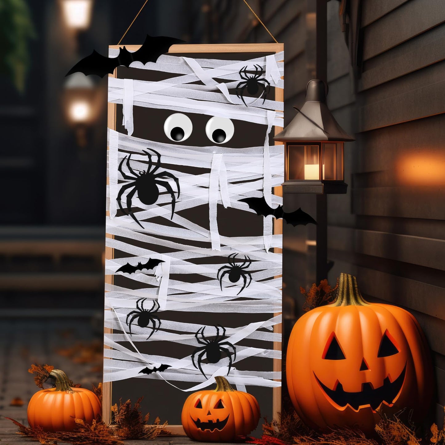 Engrowtic 78 Pcs Halloween Mummy Decorations Set with 3D Bat and Spider Stickers Wall Decor Self Adhesive Large Wiggle Eyes Crepe Paper and Masking Tape for Halloween Cosplay Party Door DIY Decor