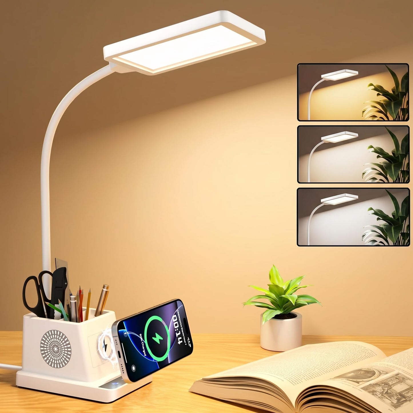 cozoo Desk Lamp, LED Desk Lamps for Home Office with 15W Wireless Charger/Organizer,Desk Lamp for College Dorm Eye-Caring Study Light,Gooseneck Table Lamp with Pen Holders/Storage,12 Lighting Modes