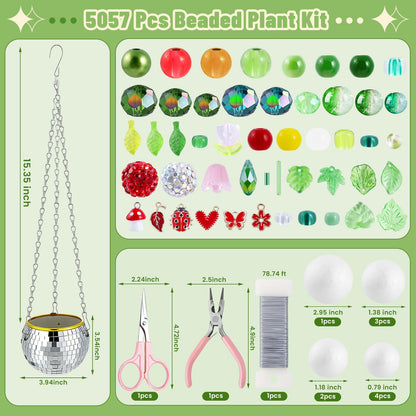 5057 Pcs Beaded Plant Kit Forever Plant Kit for Mirror Disco Ball Planter Making,Green Beads for Beaded Plants with Hanging Chain,Green Glass Leaf Beads Forever Plant Beads for Plant Making DIY Craft