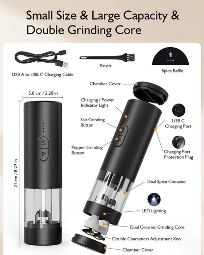 Electric Salt and Pepper Grinder Set, 2 in 1 Dual Bins USB Rechargeable Refillable Automatic Salt and Pepper Mill Shaker with LED Light, Dual Ceramic Grinder Adjustable Coarseness, kitchen gift, Black