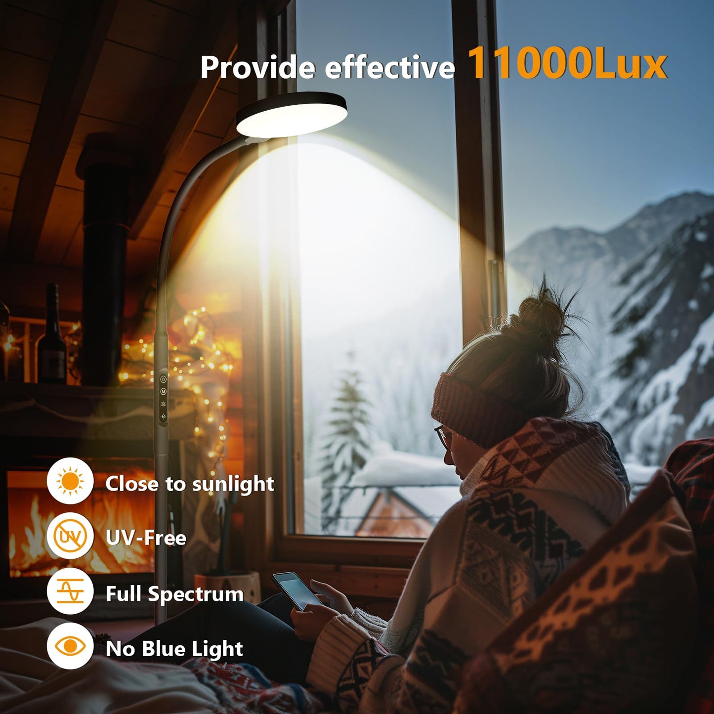 Aulaidik Light Therapy Lamp, 3 in 1 Therapy Floor Lighting, 11000 Lux Full Spectrum Therapy Lamps, UV-Free LED Sunlight, 10 Brightness/5Color/Gooseneck/Height Adjustable with Timer Control, Black