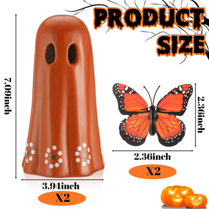 SiliFine 2 Pcs Day of The Dead Ceramic Mexican Ghost Figurine Dia De Los Muertos Terracotta Ghost Decor with Simulated Butterfly Decoration Mexican Halloween Table Decor for Home Shelf Office, 7 Inch