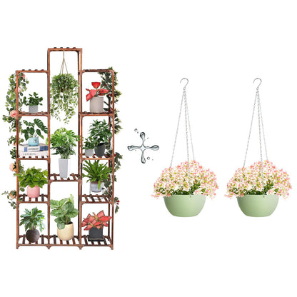 XXXFLOWER Plant Stand Indoor Outdoor 13 Tiers Wood Plant Shelf+ 2 Pack Hanging Baskets Plastic Flower Pot（Green）