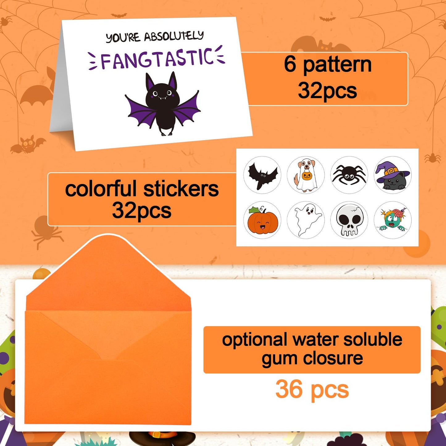 Geyoga 32 Pack Funny Halloween Cards Bulk with Envelopes Stickers 4 x 6 Inch Pun Halloween Blank Greeting Cards for Kids for Party Supplies, 8 Designs