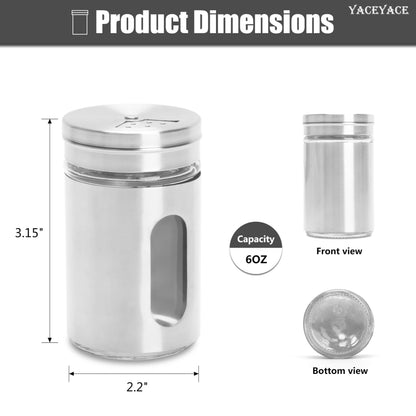 YACEYACE Stainless Spice and Salt Shakers, 6Pcs 3oz Part Clea Salt and Pepper Shakers with Holes and Adjustable Lids, Spice Jars with Label