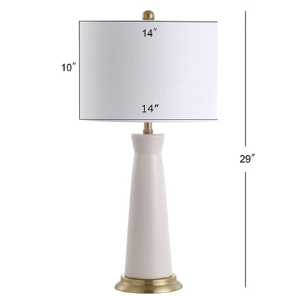 JONATHAN Y 29" Cream Modern Ceramic Column Table Lamp with Brass Gold Base, Elegant Bedside Lamp for Living Room Bedroom Nightstand, White Linen Shade, LED Bulb Included JYL3046A