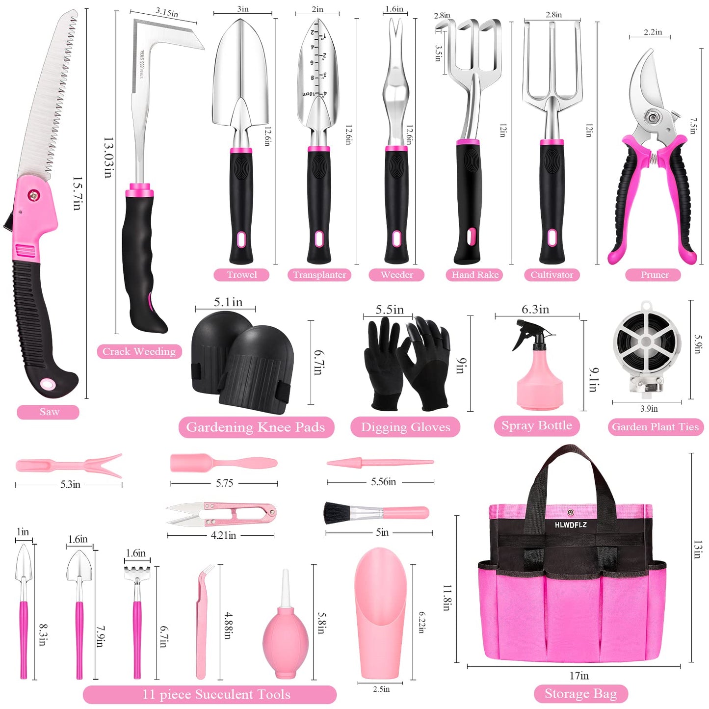 HLWDFLZ Pink Garden Tool Set Gardening Items for Women - 24PCS Heavy Duty Garden Tools with Detachable Storage Bag, Succulent Tool Set, Weeder