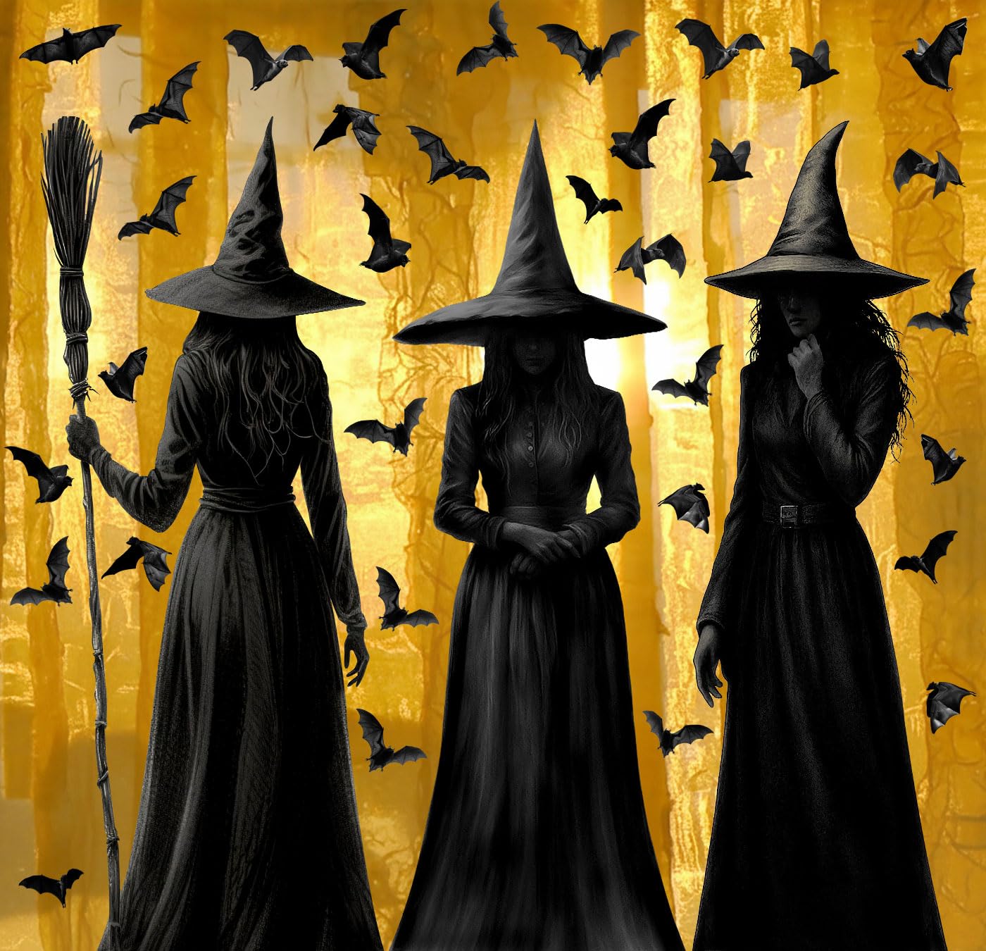 Halloween Window Clings, 3 Large Reusable Scary Witch Silhouette Window Clings & Bat Decals, Witches Silhouette Static Clings for Glass, Indoor Halloween Decorations for Home, School & Office