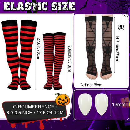 Tarpop 3 Pairs Halloween Costume Red Black Striped Thigh High Socks, Fingerless Spider Web Gloves, White Witch Teeth Fangs (27.6 Inch)