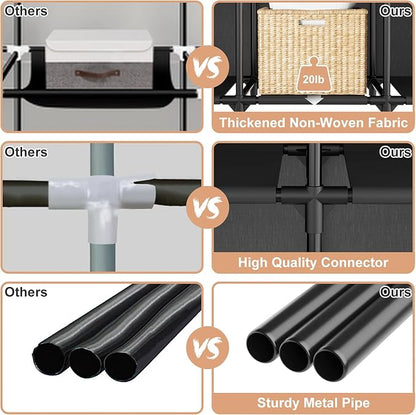 Portable Closet Storage, Portable Wardrobe Closet Organizer Clothes Rack wtih Cover, Hanging Rod, Storage Shelves and Side Pockets, Large Portable Closets for Hanging Clothes, Black