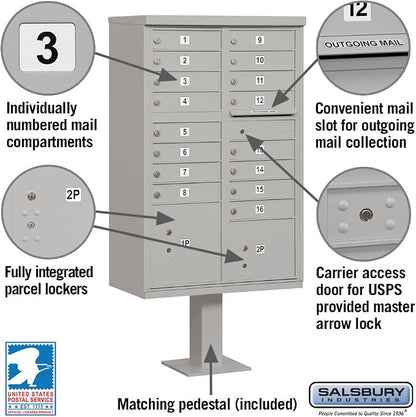 16 A Size Doors, USPS Access Type III Cluster Box Unit, Gray