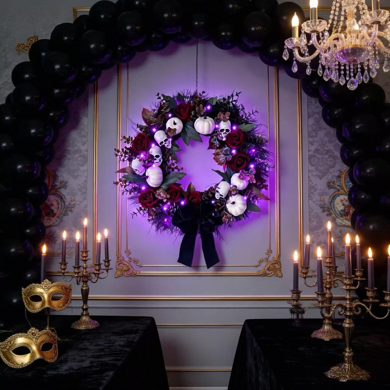 HipTree 20 Inch Light Up Halloween Wreath for Front Door with Skulls Roses Pumpkins, Gothic Black Wreath with Purple LED Lights, Battery Operated Timer Spooky Fall Wreath for Indoor Outdoor Porch