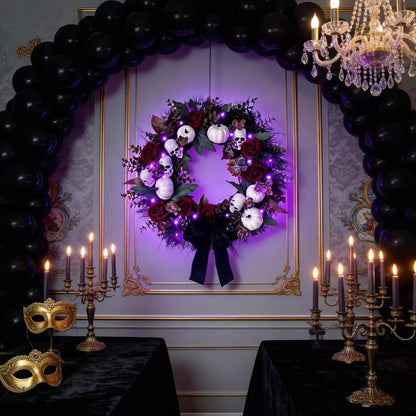 HipTree 20 Inch Light Up Halloween Wreath for Front Door with Skulls Roses Pumpkins, Gothic Black Wreath with Purple LED Lights, Battery Operated Timer Spooky Fall Wreath for Indoor Outdoor Porch