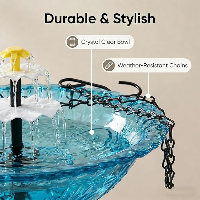 Solar Hanging Bird Bath with Fountain Cascade, Solar Powered Cascade Hanging Bird Bath Fountain with Solars Pump,for Outdoor and Gardens (Blue)