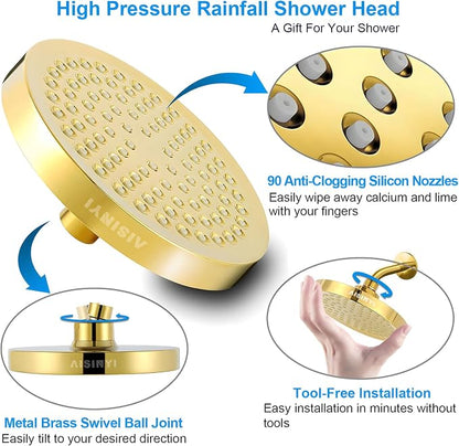 High Pressure Rainfall Shower Head, 6 Inches Luxury Modern Showerhead with Perfect Adjustable Replacement, Removable Restrictor, Easy Installation for Your Bathroom Shower Heads (Deluxe Gold)